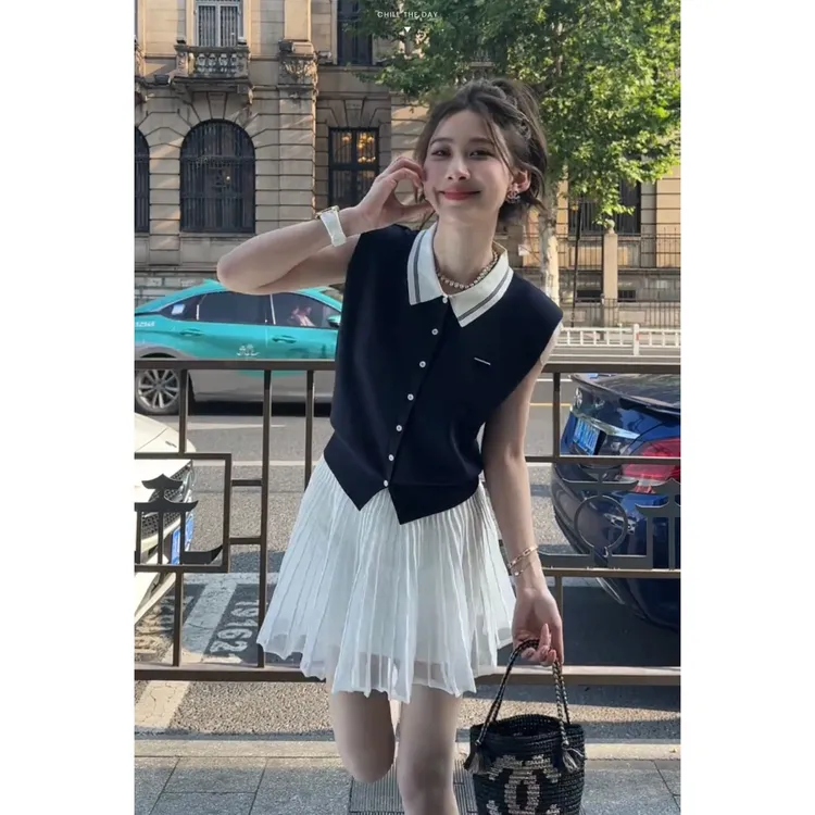 ZYY戛纳都市2025S/S新品夏季无袖POLO领针织衫女X2➕白色短裙