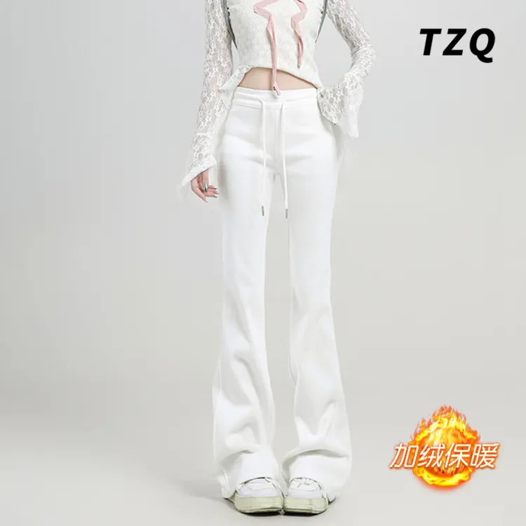 白色微喇叭休闲卫裤女款爆款2025秋冬季新款加绒不贴腿垂感遛弯裤