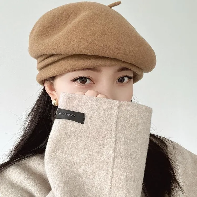 日系优雅褶皱边羊毛贝雷帽优雅包头护耳帽空姐帽文艺帽子女冬