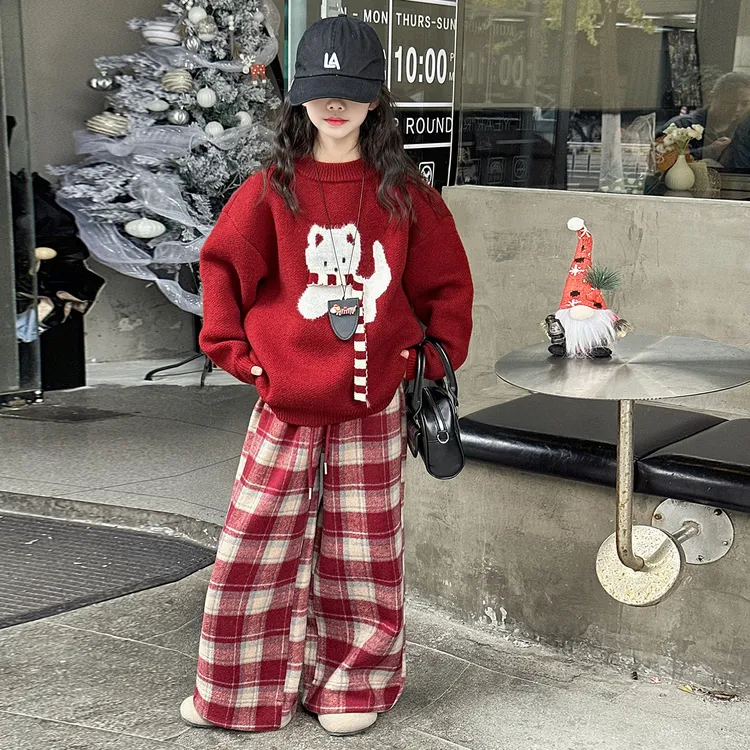 女童冬季洋气时髦红色毛衣套装2025新款女大童冬装儿童加绒格子裤
