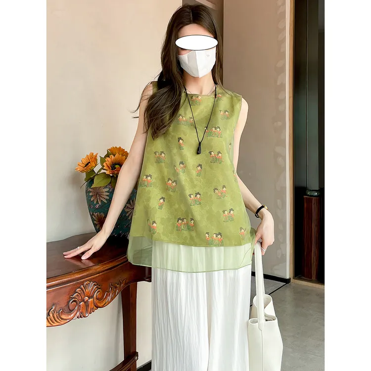 新中式国风无袖背心上衣女2025夏季新款精致轻奢感宽松显瘦衬衫女