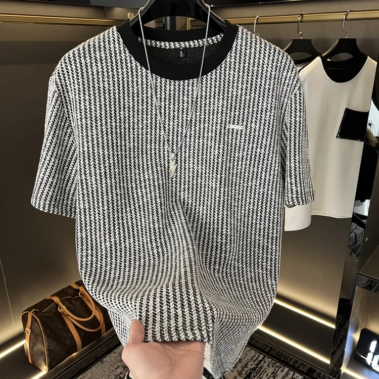 轻奢夏季黑白条纹圆领痞帅宽松ins潮流百搭半袖短袖t恤