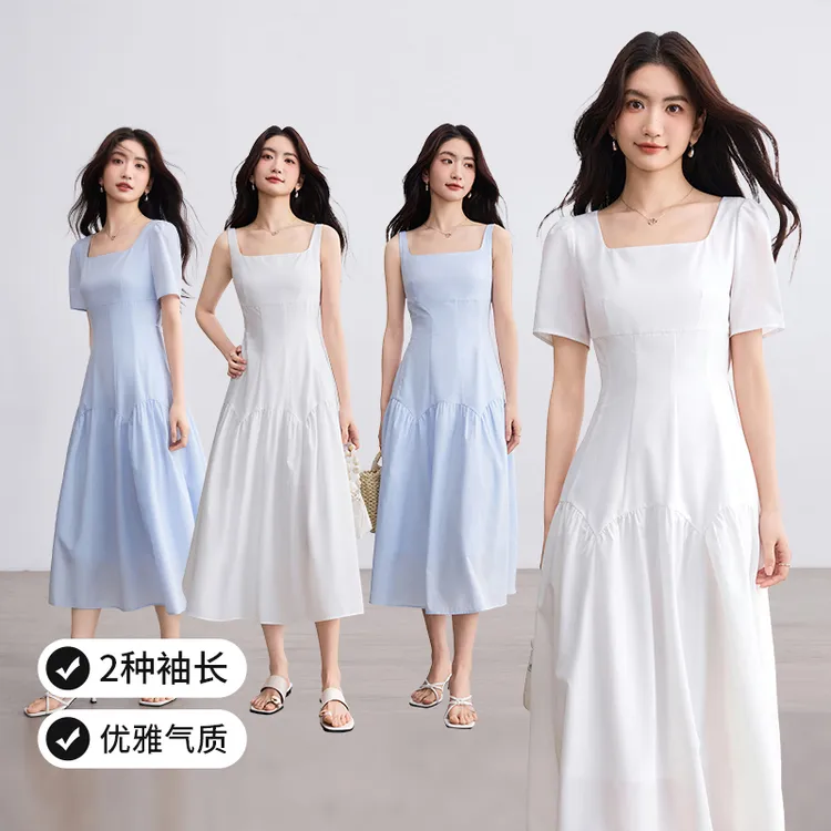 【尚都比拉】【两种袖长】收腰显瘦短袖连衣裙无袖吊带连衣裙I2041