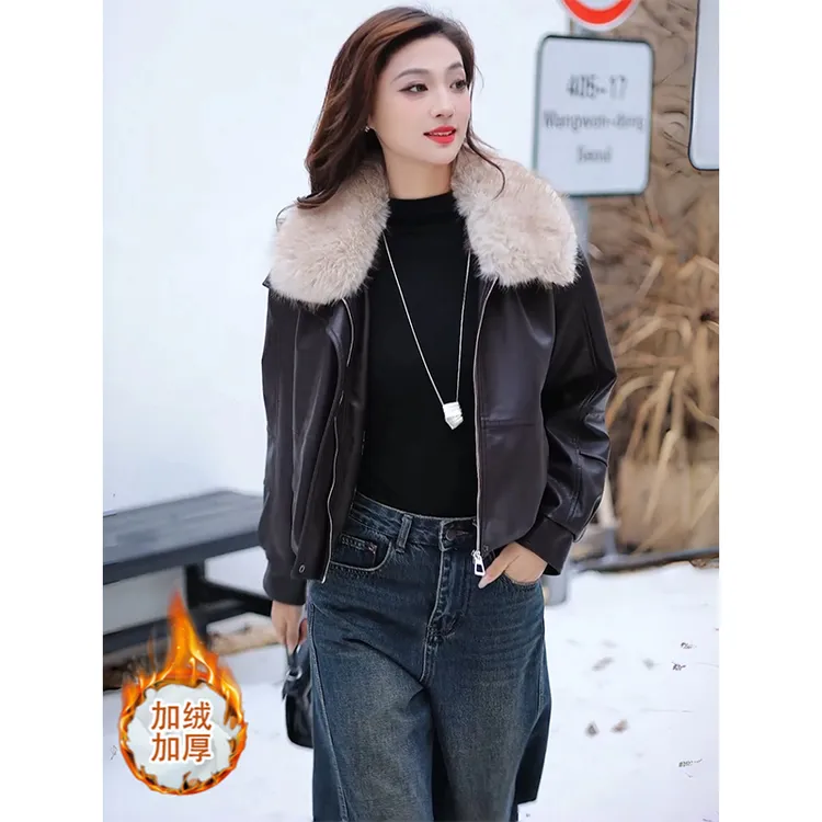 拉夏贝尔时尚复古皮衣外套女秋冬季2025新款加厚保暖短款PU皮上衣