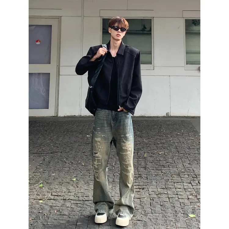 美式cleanfit黑色短款外套男高级感痞帅垫肩行政夹克正肩棒球服