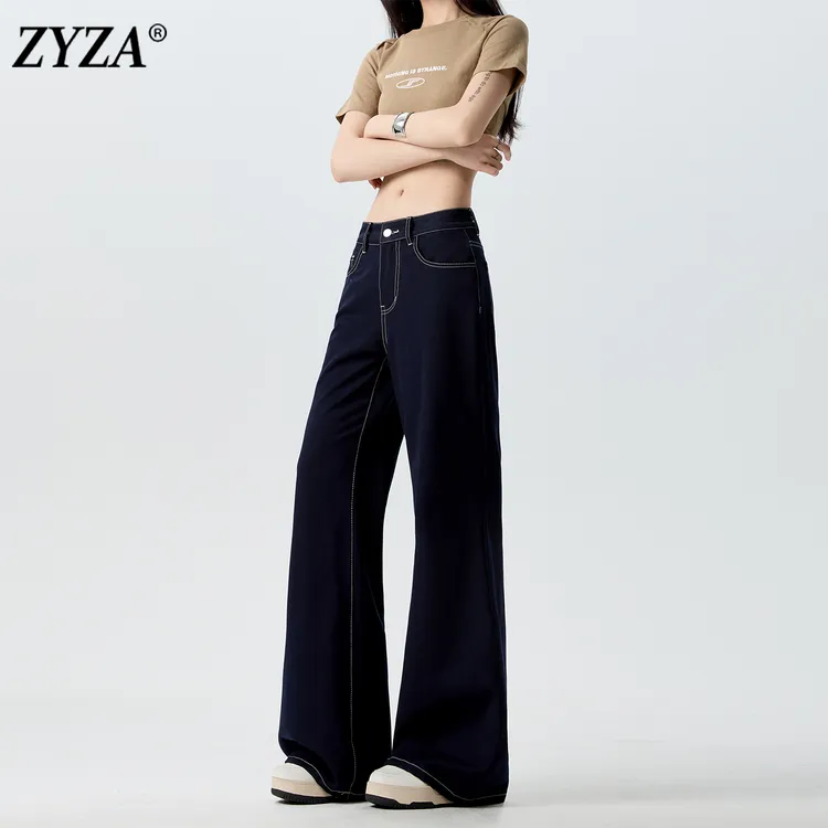 ZYZA深蓝色低腰微喇牛仔裤女秋冬新款不贴腿小个子弹力辣妹九分裤
