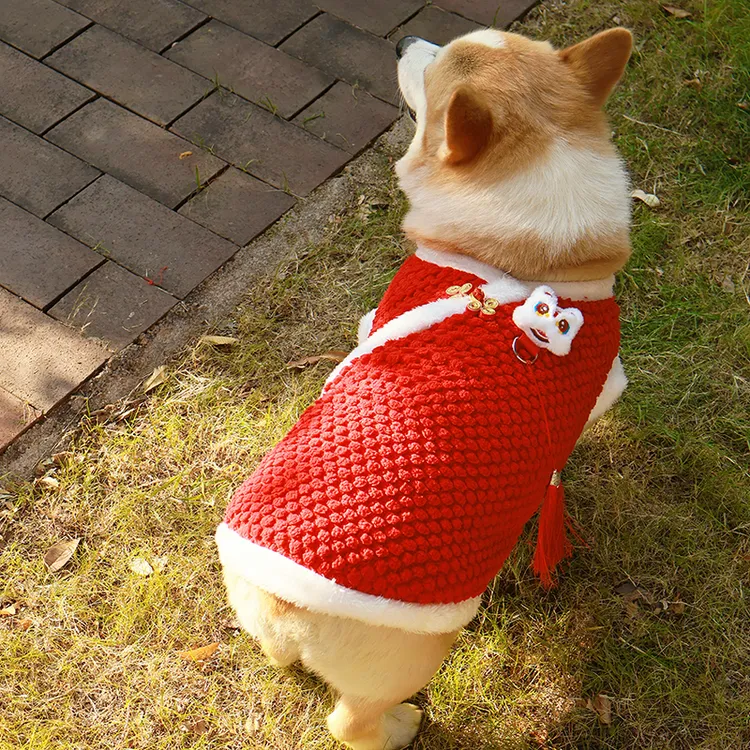 腊肠柴犬比熊柯基狗狗衣服秋冬季保暖加绒新年喜庆大红色背心马甲
