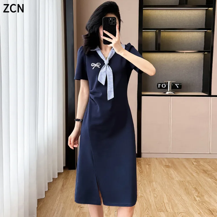 设计感洋气减龄拼接烫钻蝴蝶结连衣裙女2025夏法式捏褶显瘦百搭裙