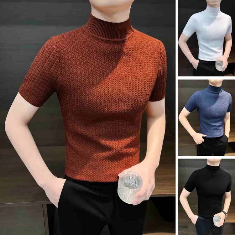 半高领男士短袖t恤秋冬爆款2025新款休闲男装条纹针织男款打底衫