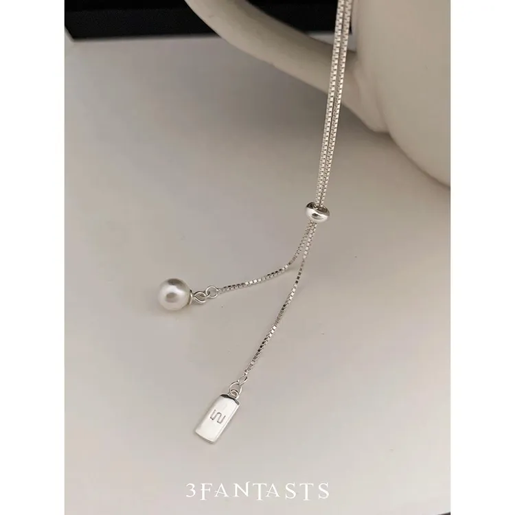 链子925银锆石 抽拉可调节珍珠吊坠项链925纯银女蛇骨链锁骨链颈