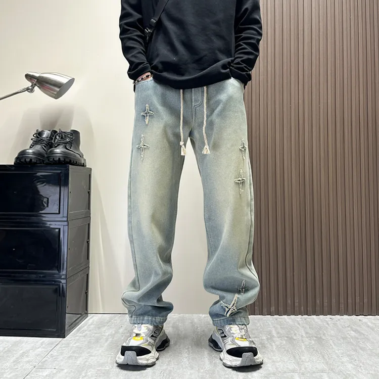 春秋直筒显瘦百搭刺绣牛仔裤男美式复古休闲裤男士潮流抽绳长裤子