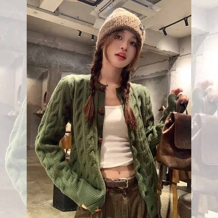 哥弟阿玛施正品2024女绿色针织开衫毛衣外套女秋季新款毛衫外搭高