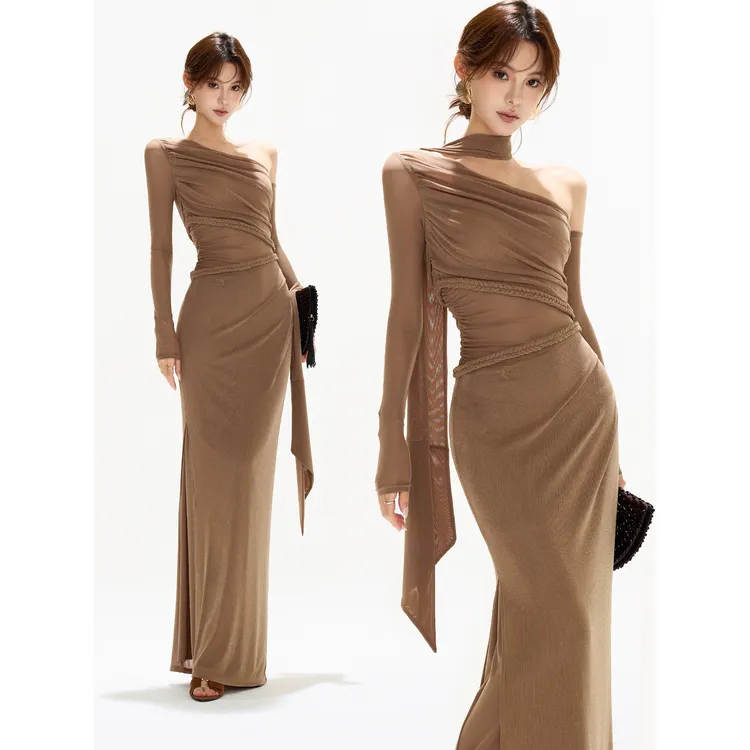 RN原创设计法式复古麻花辫网纱镂空拼接斜肩连衣裙修身礼服长裙