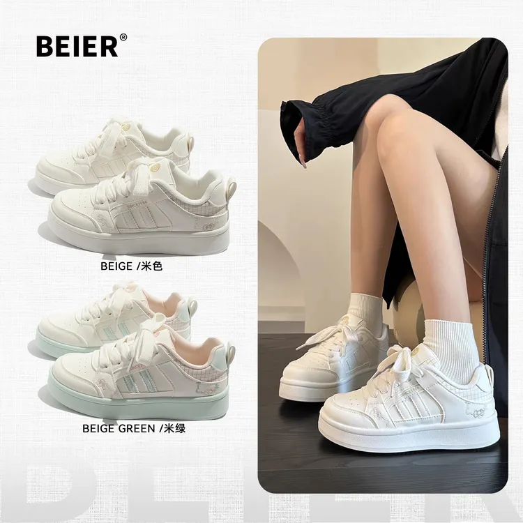 BEIER运动休闲风透气女鞋2025秋季新款韩版厚底板鞋小白鞋2316