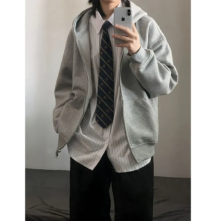 美式复古花灰色开衫连帽卫衣男款秋季痞帅高级感潮牌重磅情侣外套