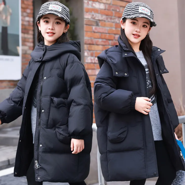 新款童装中长款儿童羽绒服女童小中大童时尚洋气加厚保暖连帽外套