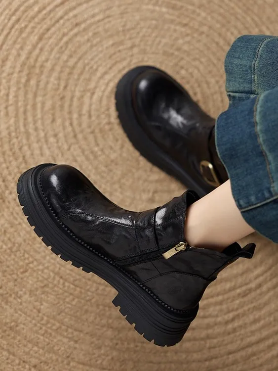 小羊皮厚底英伦风马丁靴女2025秋冬加绒黑色百搭圆头法式真皮短靴