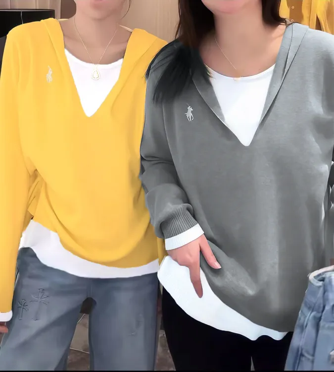 M052#大码女装设计感连帽撞色刺绣长袖针织衫女春季胖mm宽松显瘦