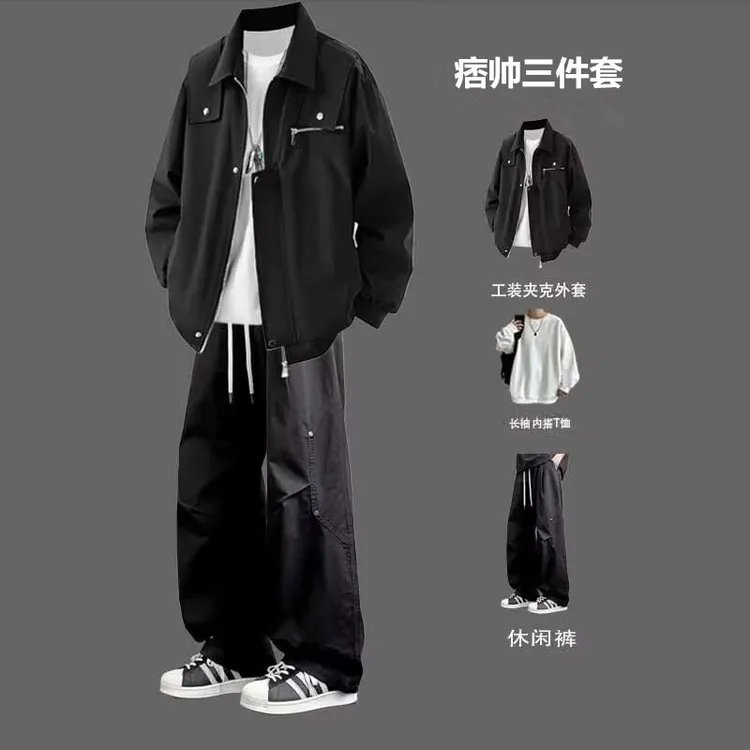 痞帅外套男ins高街潮牌宽松夹克套装青少年穿搭高街工装裤三件套