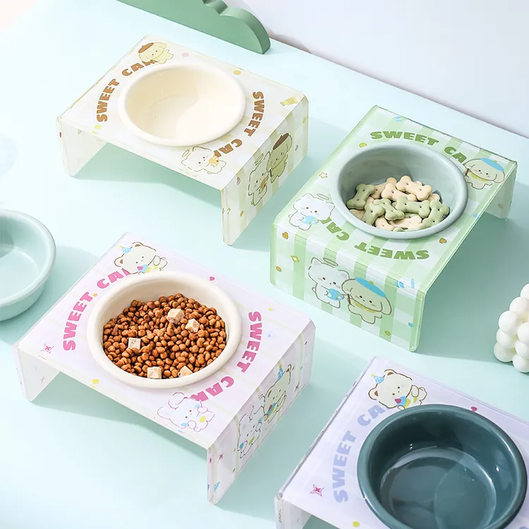 卡通宠物碗带碗架陶瓷猫碗大口径狗碗防黑下巴护颈水碗高脚一体架