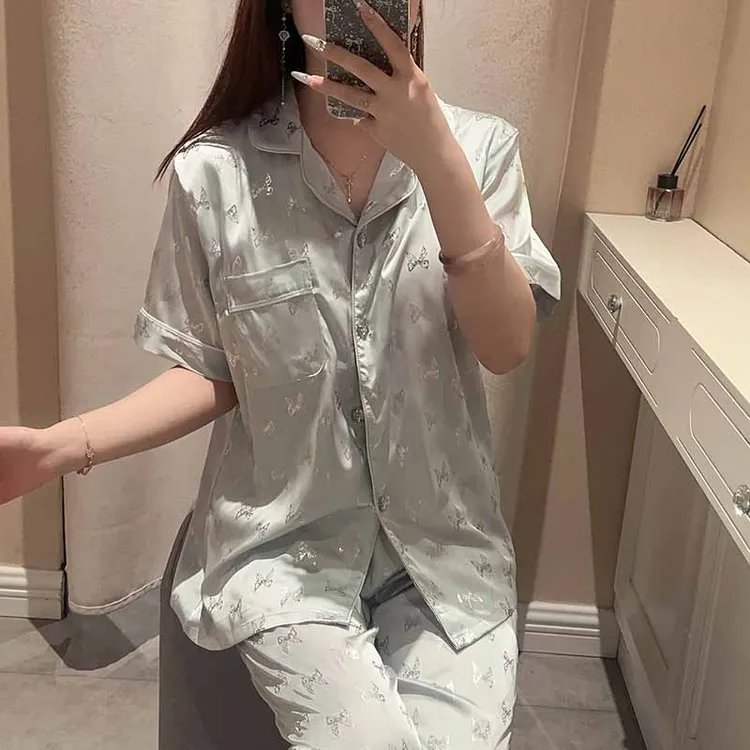 夏季新款蝴蝶结烫银短袖带杯垫三件套高级感丝柔透气舒适套装2045