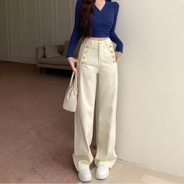 巴曼风气质阔腿牛仔裤女2025年夏季重工金扣高腰显高显瘦长裤