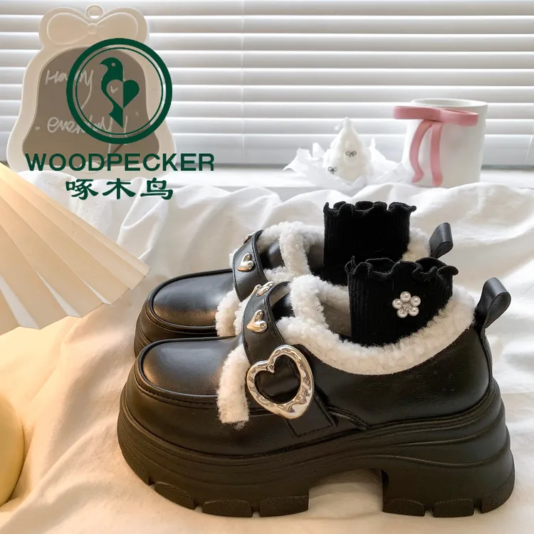 啄木鸟加绒乐福小皮鞋女2025秋冬季新款复古英伦风厚底玛丽珍棉鞋