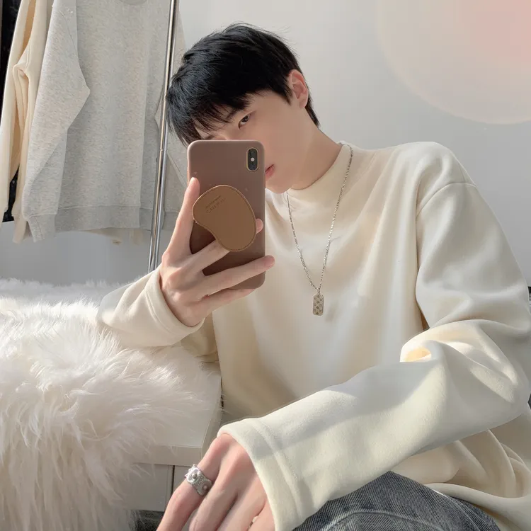 美式正肩双面德绒打底衫男女秋冬半高领加绒卫衣白色内搭长袖t恤