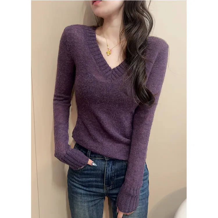 2025年新款紫色v领针织打底衫秋冬内搭设计感小众修身显瘦上衣女