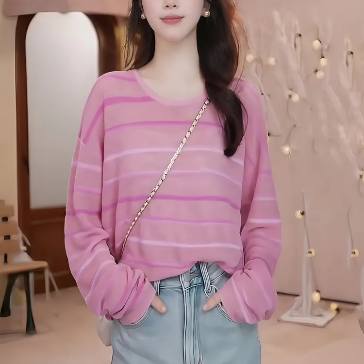 韩系夏季轻薄针织防晒罩衫今年流行粉色减龄条纹上衣别致甜美显瘦