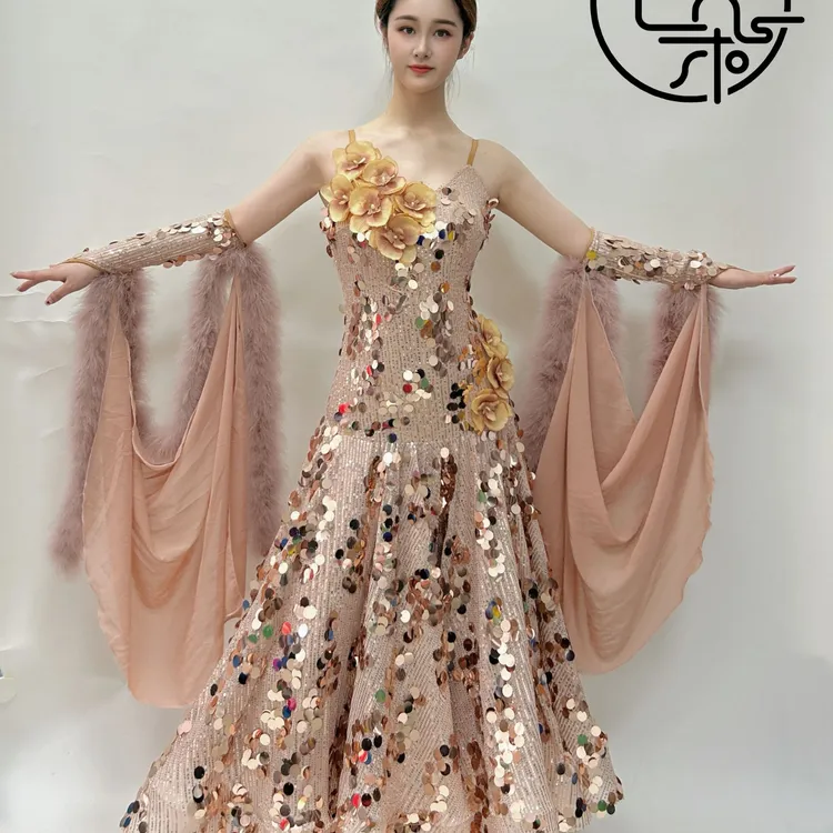 西朵舞服亮片花朵高级摩登舞表演裙比赛裙量身定制XD655