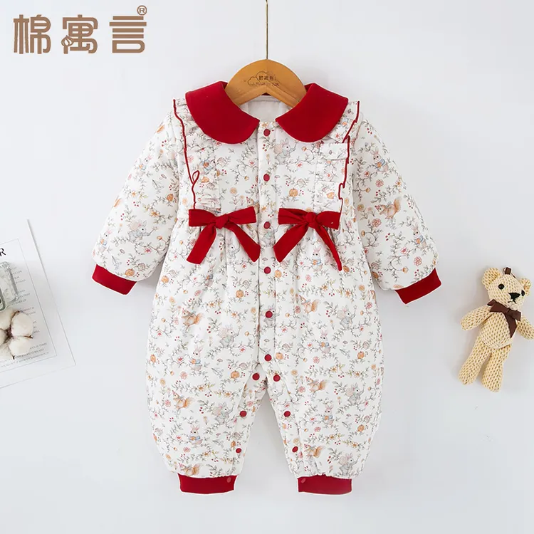 秋冬季宝宝厚款连体衣婴儿纯棉夹棉外出服可爱保暖哈衣蝴蝶结爬服
