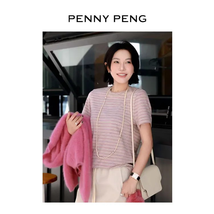 PENNYPENG 愿望清单 黑标系列圆领条纹通勤百搭显瘦正肩短袖T恤 