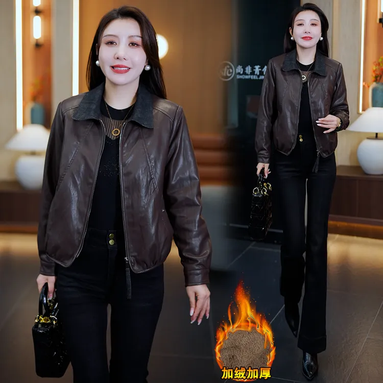 正品进口软皮衣短款外套女2025冬新款加绒加厚上衣大码女装短外套