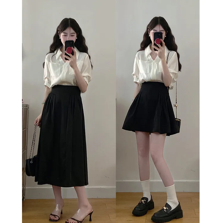 大码【心动舞曲】夏季气质通勤衬衫赫本风垂感小黑裙气质高级感穿搭