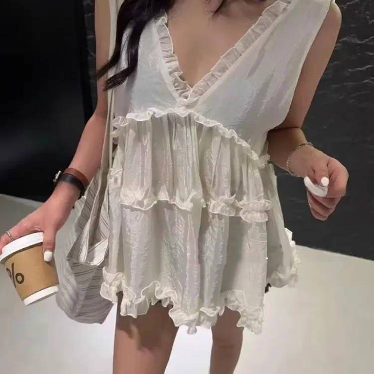 韩国2025夏季新款甜美少女木耳边娃娃裙女减龄v领无袖背心上衣潮