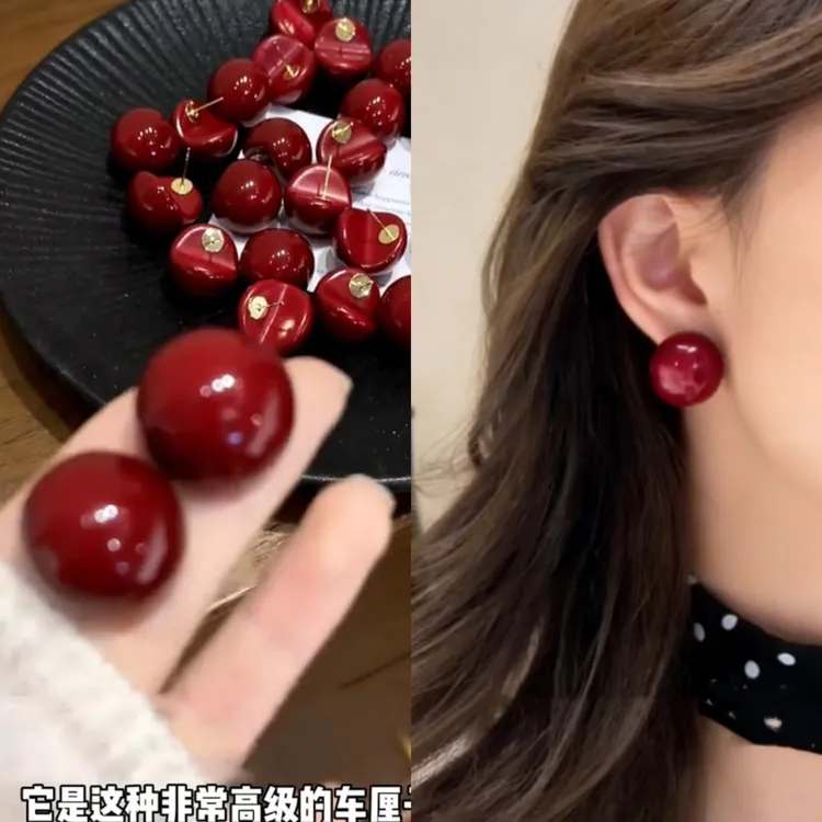 铜合金耳饰 红色馒头珍珠耳钉女款2025新款爆款轻奢耳环新年耳饰