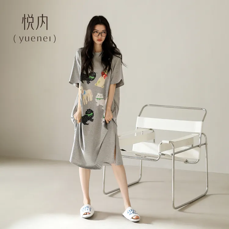 悦内睡裙女士睡衣夏季夏天纯棉家居服宽松大码卡通印花长裙可外穿