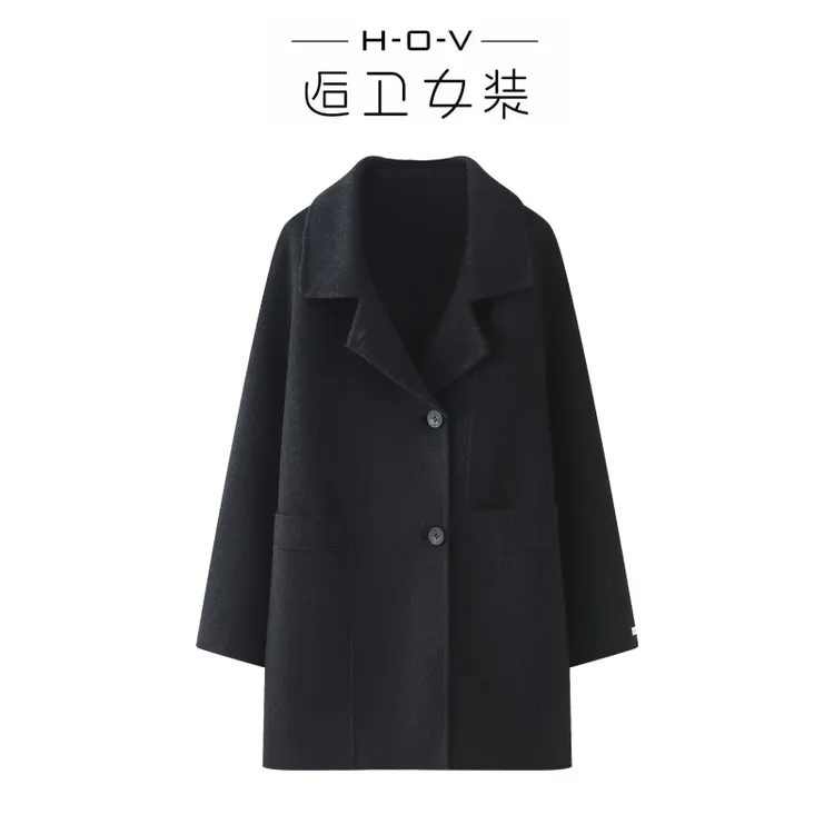 2025时尚百搭小个子两穿方领中长款大衣外套百搭简约毛呢大衣33