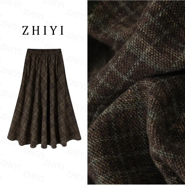 【二个裙长+绵羊毛+口袋】2025秋冬季新款优雅显瘦格子毛呢大摆长裙
