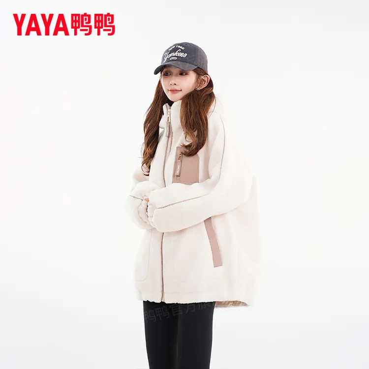 YAYA/鸭鸭羽绒服女短款秋冬季户外休闲羊羔绒保暖外套YE4B620382H
