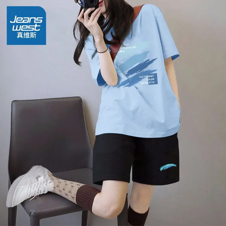 真维斯运动套装女夏季新款宽松显瘦夏日穿搭短袖短裤女装两件套潮