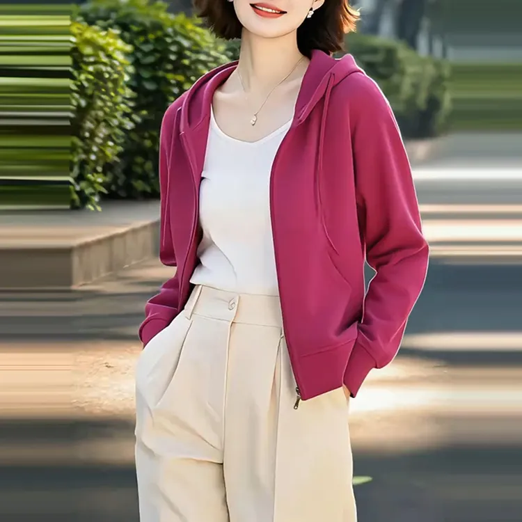 春季新款洋气衣服女简约休闲纯色拉链连帽卫衣外套显瘦百搭上衣潮
