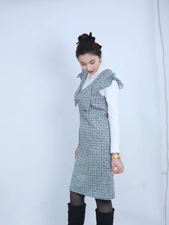 蝴蝶结 V 领粗花呢背心裙 秋冬高级感通勤背心裙