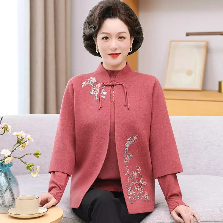 45到50岁妈妈国风装秋冬针织衫两件套时尚绣花毛衣套装中老年开衫