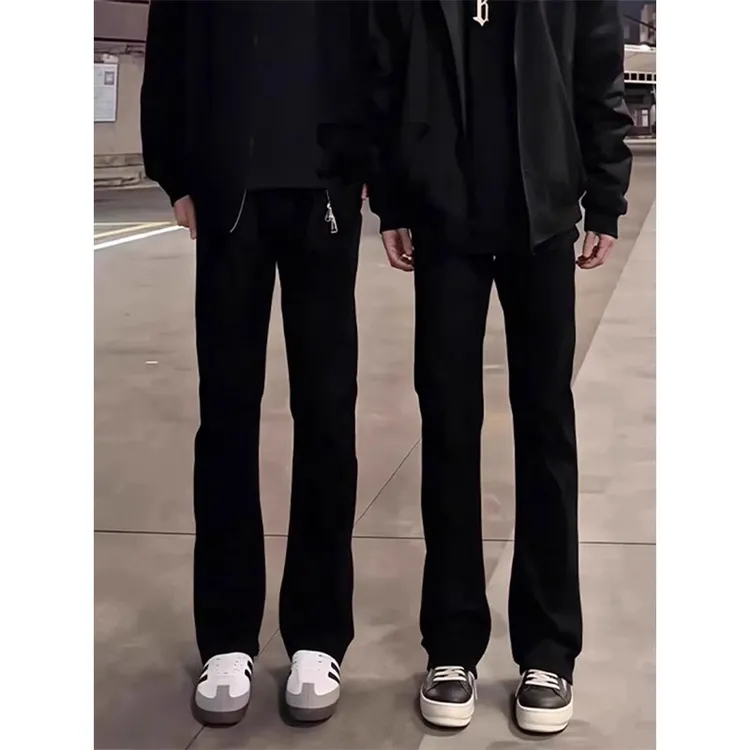 黑色柳叶弯刀设计牛仔裤秋冬弹力修身裤子美式潮牌显瘦直筒微喇裤