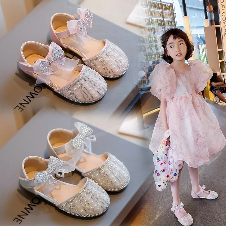 夏季甜美小皮鞋舞蹈鞋女童公主鞋圆头中空水钻蝴蝶结浅口单鞋