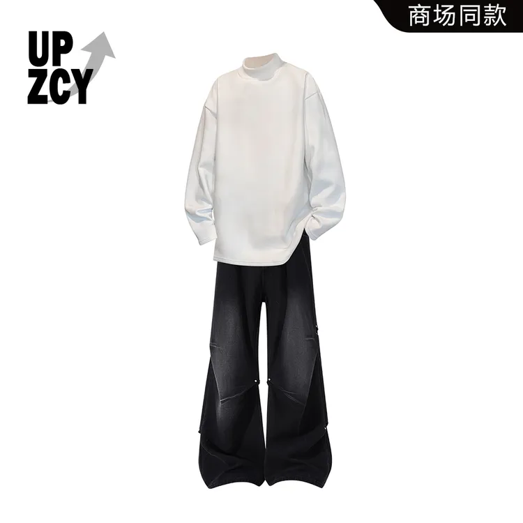UPZCY德绒休闲卫衣套装男秋冬款亲肤保暖打底衫褶皱牛仔裤两件套