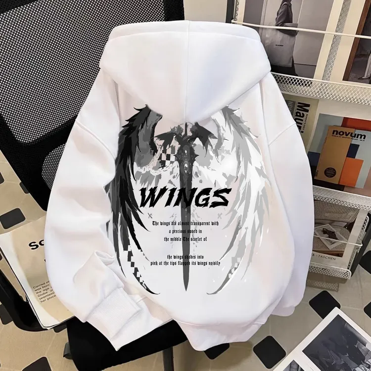 重磅加绒加厚连帽卫衣潮流ins翅膀印花港风秋冬新款男装宽松外套