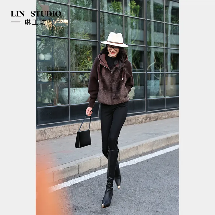 【95级别白鹅绒 羊毛皮】琳工坊函绒咖色拼接羽绒服气质唐琳设计师